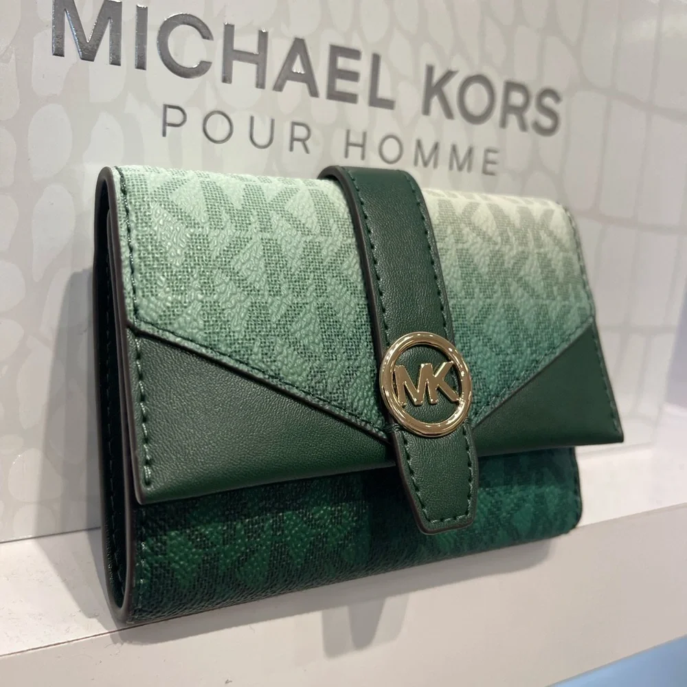 MICHAEL KORS Greenwich Medium Ombré Signature Logo Tri-Fold Wallet Moss Multi NW